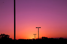silhouettes of street lamps at sunset in a pink sky 