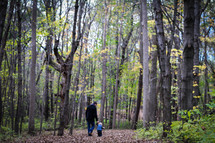 father and toddler son walking holding hands through fall leaves 