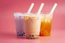 Three Types of Boba Tea on a Pink Background