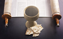 scroll, wine chalice and unleavened bread 
