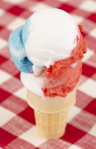 red, white, and blue ice cream cone 