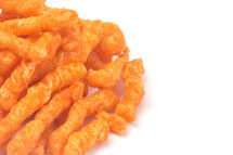 Long and Thin Crunchy Orange Cheesy Chips on a White Background