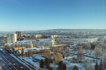aerial view over a city in winter 