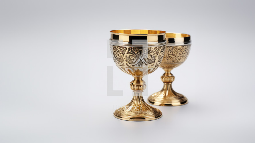 The Holy Grail cups in gold against a white background. 