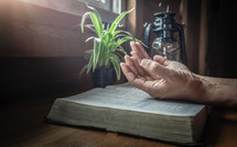 Close up beside of holy Bible with hands praying background