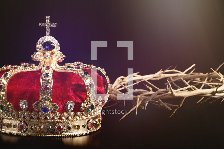 Kings Coronation Crown and the Crown of Thorns on a Black Background
