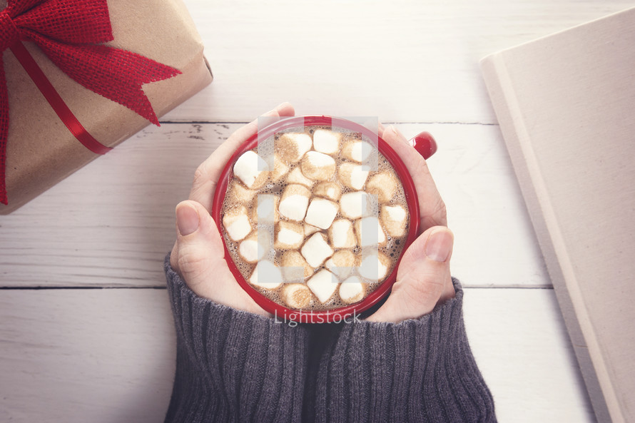 A Holiday Background with Hot Chocolate with Marshmallows and a Nice Book to Read and a Gift