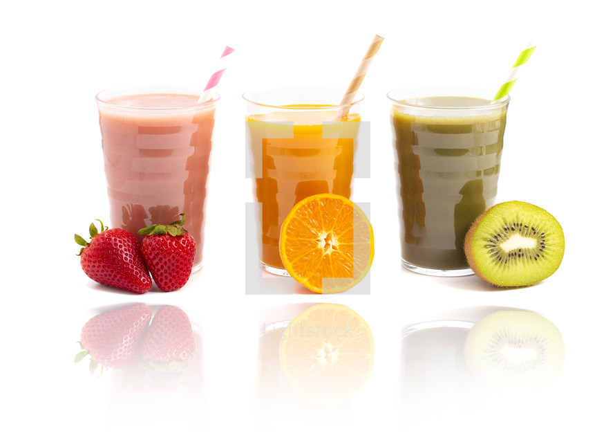 Three Varieties of Healthy Smoothies Isolated on a White Background
