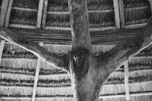 sculpture of Jesus on the cross carved into a tree in the Chapel of Saint Francis of Assisi in Xcaret, Cancun, Mexico 