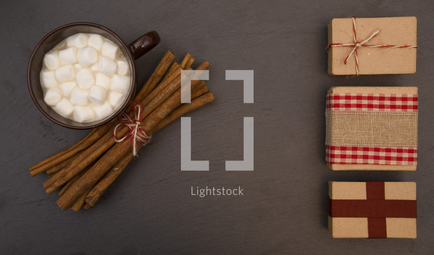 hot cocoa, cinnamon, and gifts 