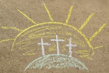 Three Easter crosses at sunrise on the mount sidewalk chalk drawing 