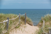 public access, path, fence, dunes, sea grasses, beach, sand, outdoors, coast 