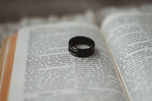 wedding band on the pages of a Bible 