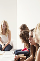 young women gathered at a Bible study 