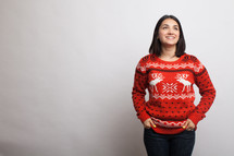 woman in an ugly Christmas sweater 