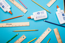 blue, rulers, pencils, back to school, background, glue, colored pencils