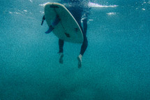 Under water view of a person riding a surfboard.