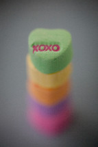 stacked candy conversation hearts for Valentine's Day, xoxo