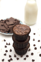 Whole Wheat Double Chocolate Chip Muffins Isolated on a White Background and milk 