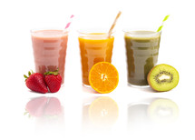 Three Varieties of Healthy Smoothies Isolated on a White Background