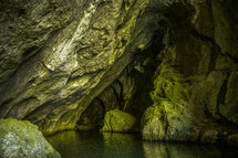 green mossy rock walls in a cave 