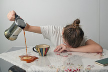 Concept Tired Young Woman Having Sleep Deprivation and Pouring Coffee.