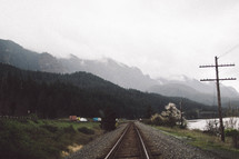 rural railroad tracks along a shore 