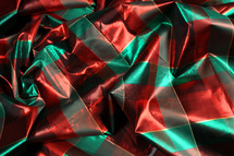 A large pile of red and green Christmas ribbon