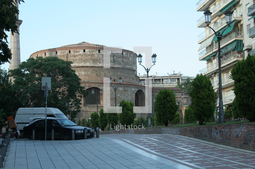 Thessalonica Arch of Galerius. This distinctive landmark from Thessaloniki, Greece may have been built in the 13th century. Built for defense, it currently houses a museum.