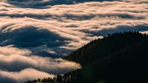 Wave of foggy clouds fast motion above forest in sunny morning nature Time-lapse
