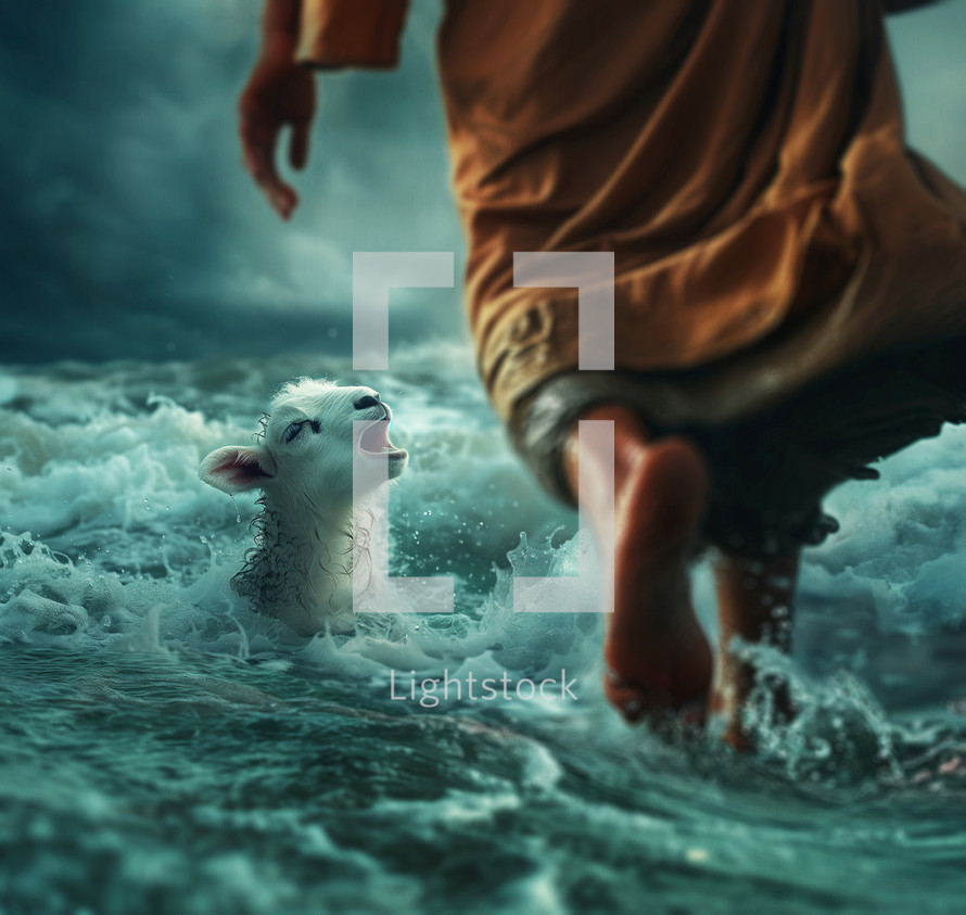 Jesus walking on water to rescue the lamb