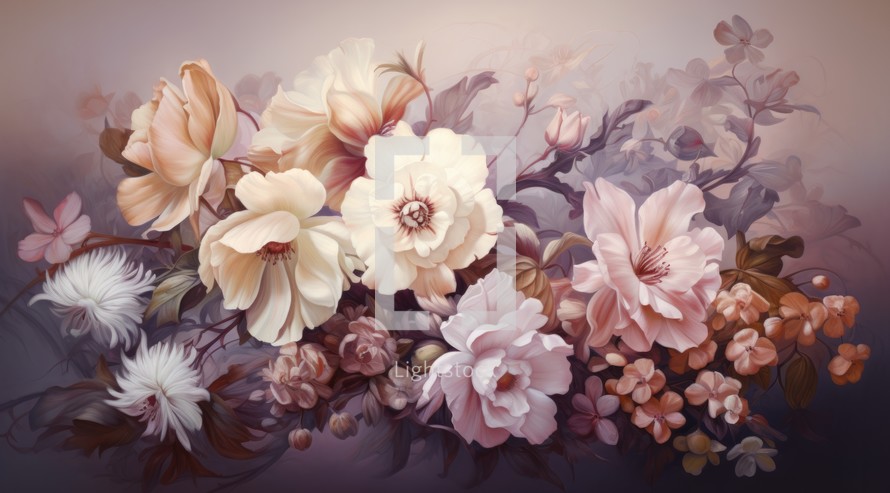 Vintage floral background with pink and white flowers. Digital painting.