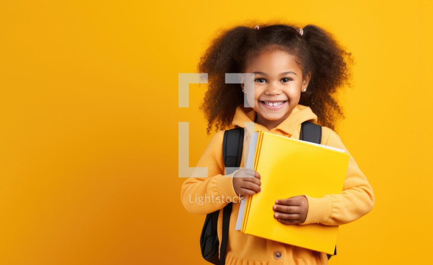 Bible Study. Little african american schoolgirl with backpack and notebooks on yellow background