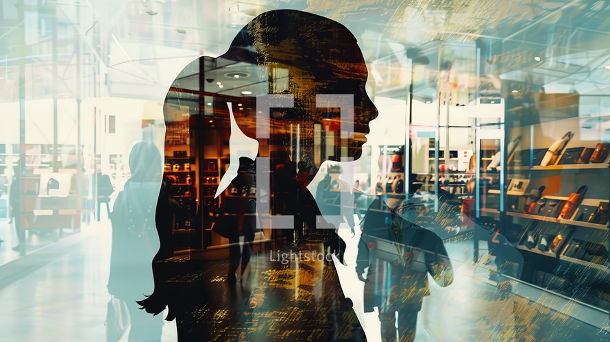 A woman is standing in front of a store window, looking at the display inside. The window reflects the street scene outside, creating an interesting composition.