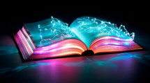 Neon open book with electric currents. 
