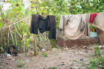 clothes on a clothesline in a village 