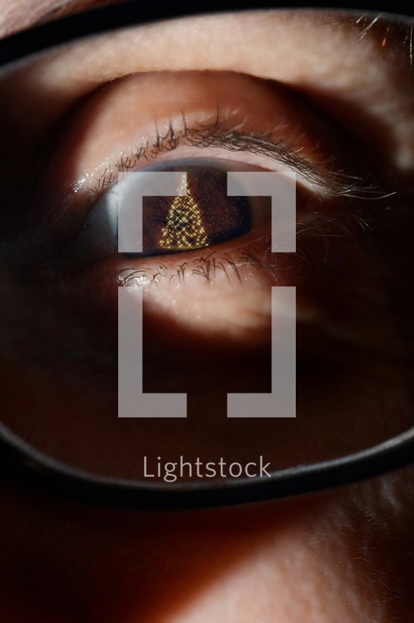Christmas tree reflecting in a brown eye with glasses