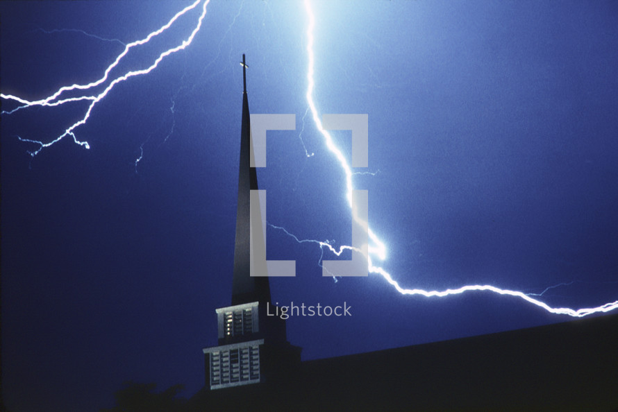 lightning over a church steeple 