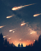 A man and woman look on as asteroids crash to the earth