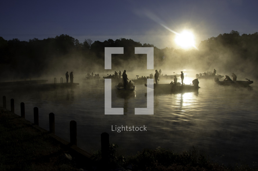 Fisherman assemble on a foggy Fall morning on Lake Tillery, North Carolina