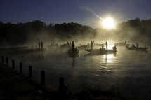 Fisherman assemble on a foggy Fall morning on Lake Tillery, North Carolina