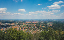 aerial view over a European town 