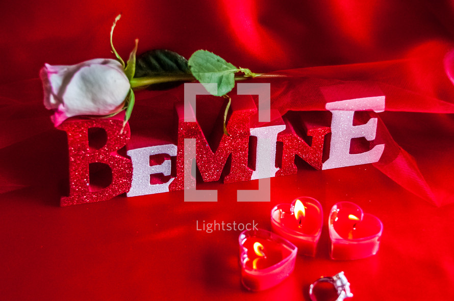 Be Mine, long stem rose, and heart shaped votive candles 