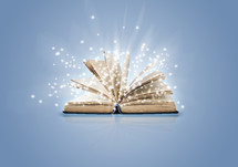twinkling light coming from the turning pages of a Bible
