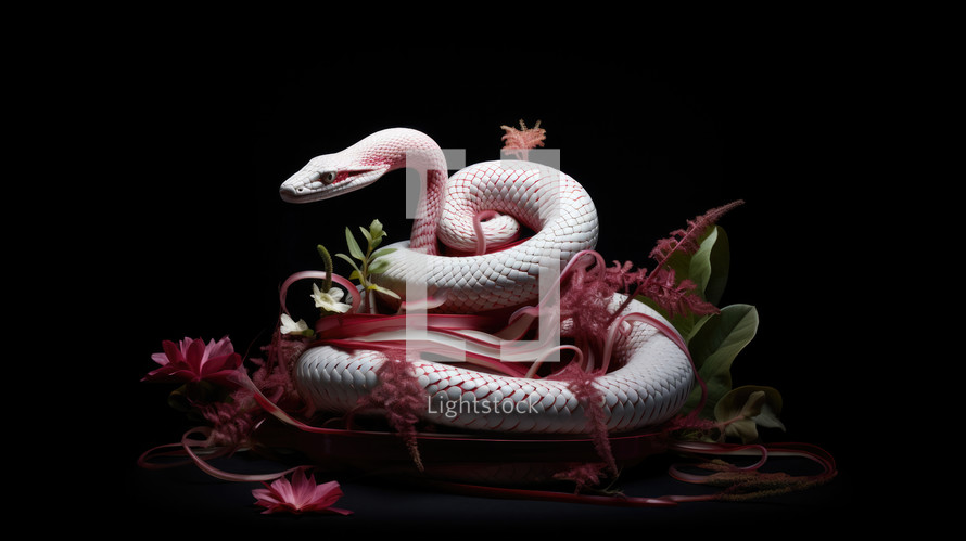 The original sin. White snake on a black background 