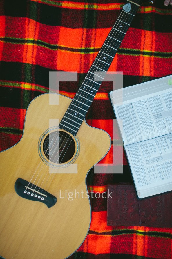 guitar, Bible, journal, blanket, plaid blanket 
