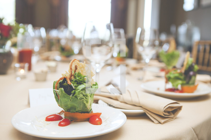 Wedding reception meal table. Healthy vegetarian salad