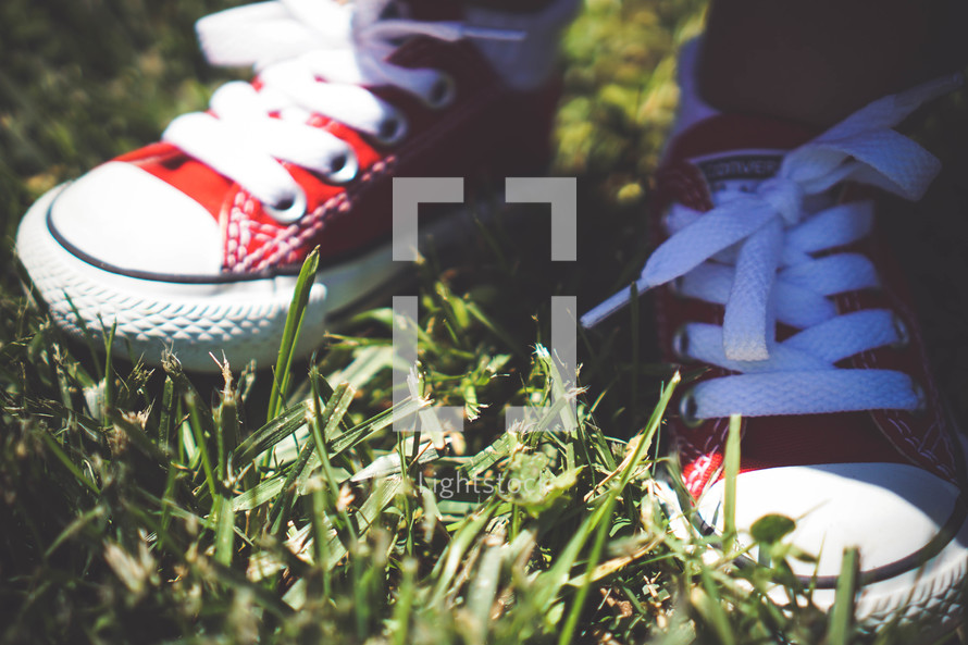 red converse sneakers on a toddler standing in the grass 