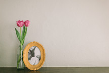 framed picture, vase, pink, tulips, flowers 