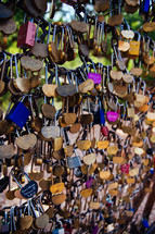 Many heart shaped locks attached to a chain fence.